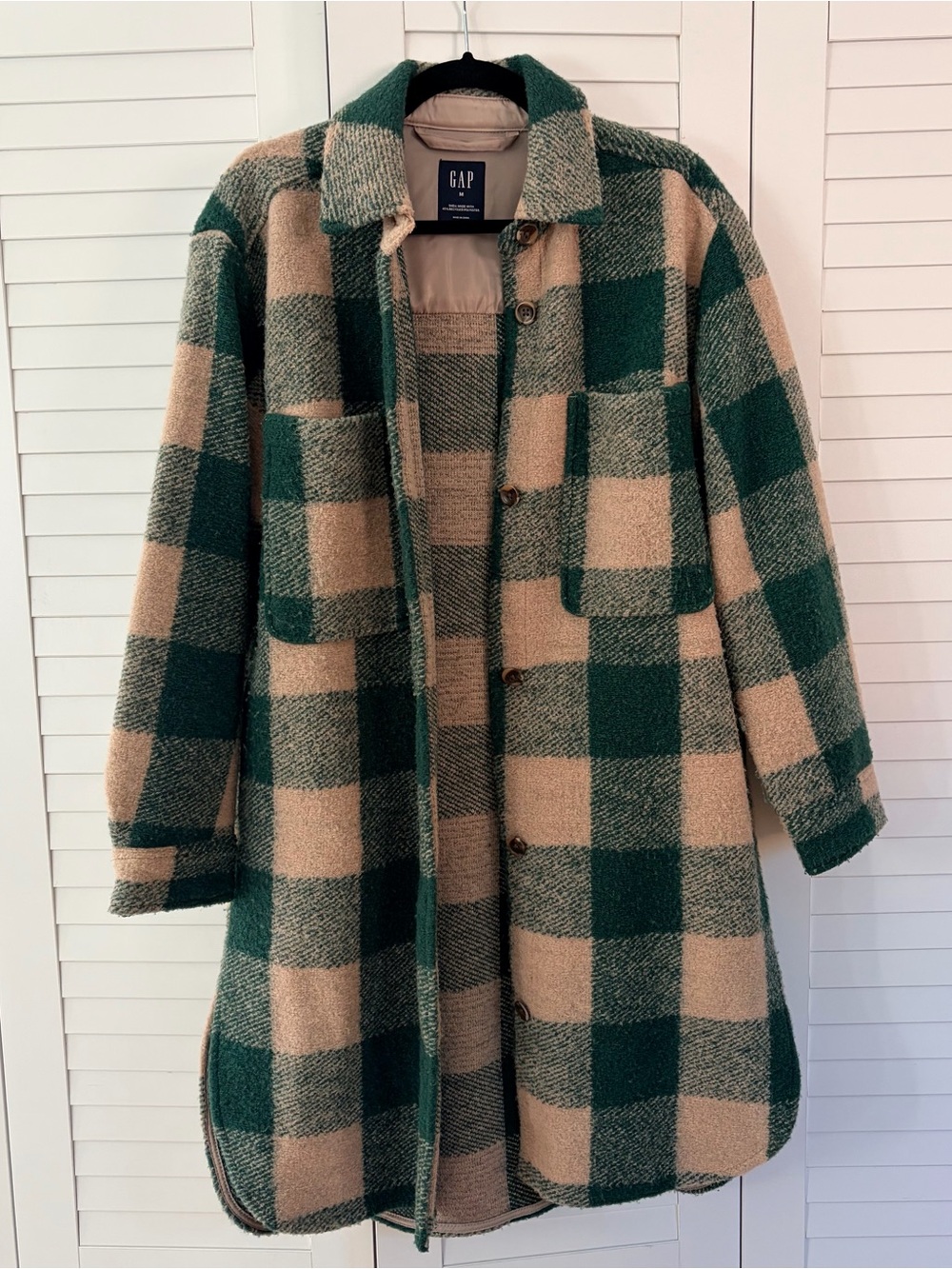 GAP Green and Beige Plaid Womens Wool-Blend Coat Size Medium